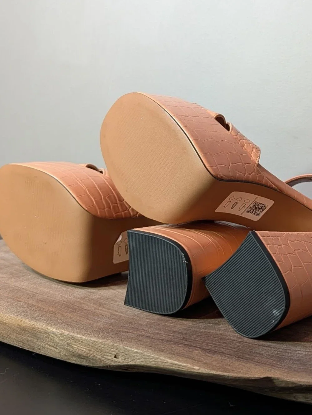 ASOS Croc-Embossed Platform Block Heel Sandals in Peach